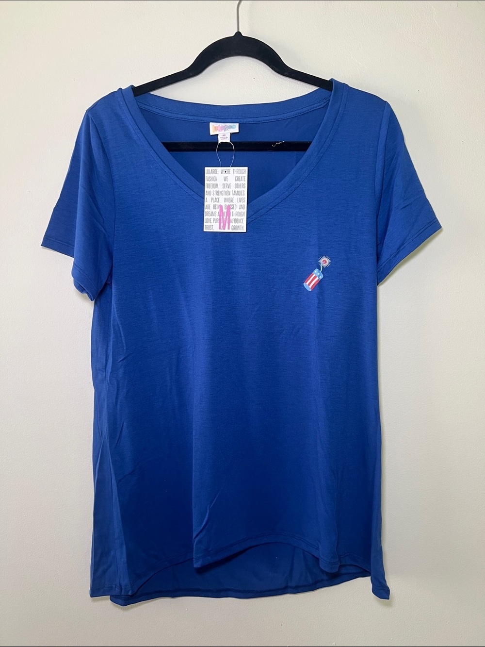 LuLaRoe Christy T Royal Blue V-Neck with Small Firework